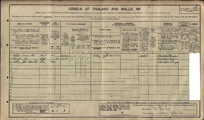 Lee (William Thomas) 1911 Census